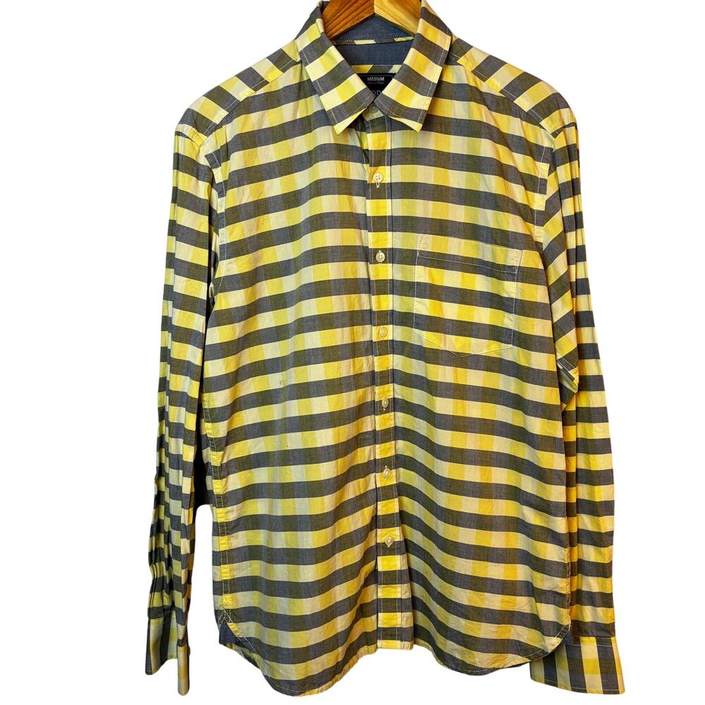 Code Authentic Casuals Button Up Stripe 100% Cotton Yellow Gray Preppy Mens Med.